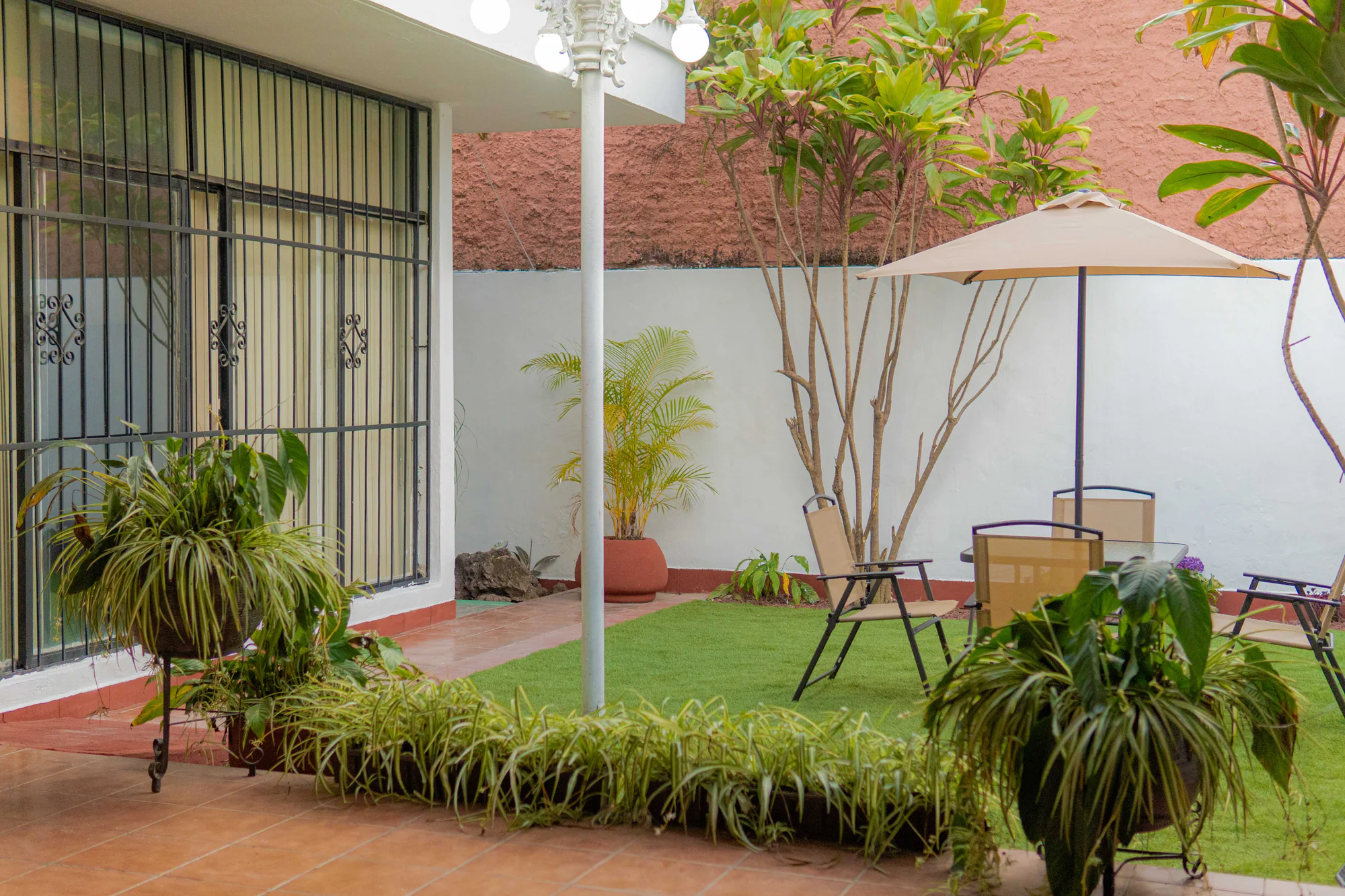 Jardín interior de Los Olivos con pasto, plantas y farol