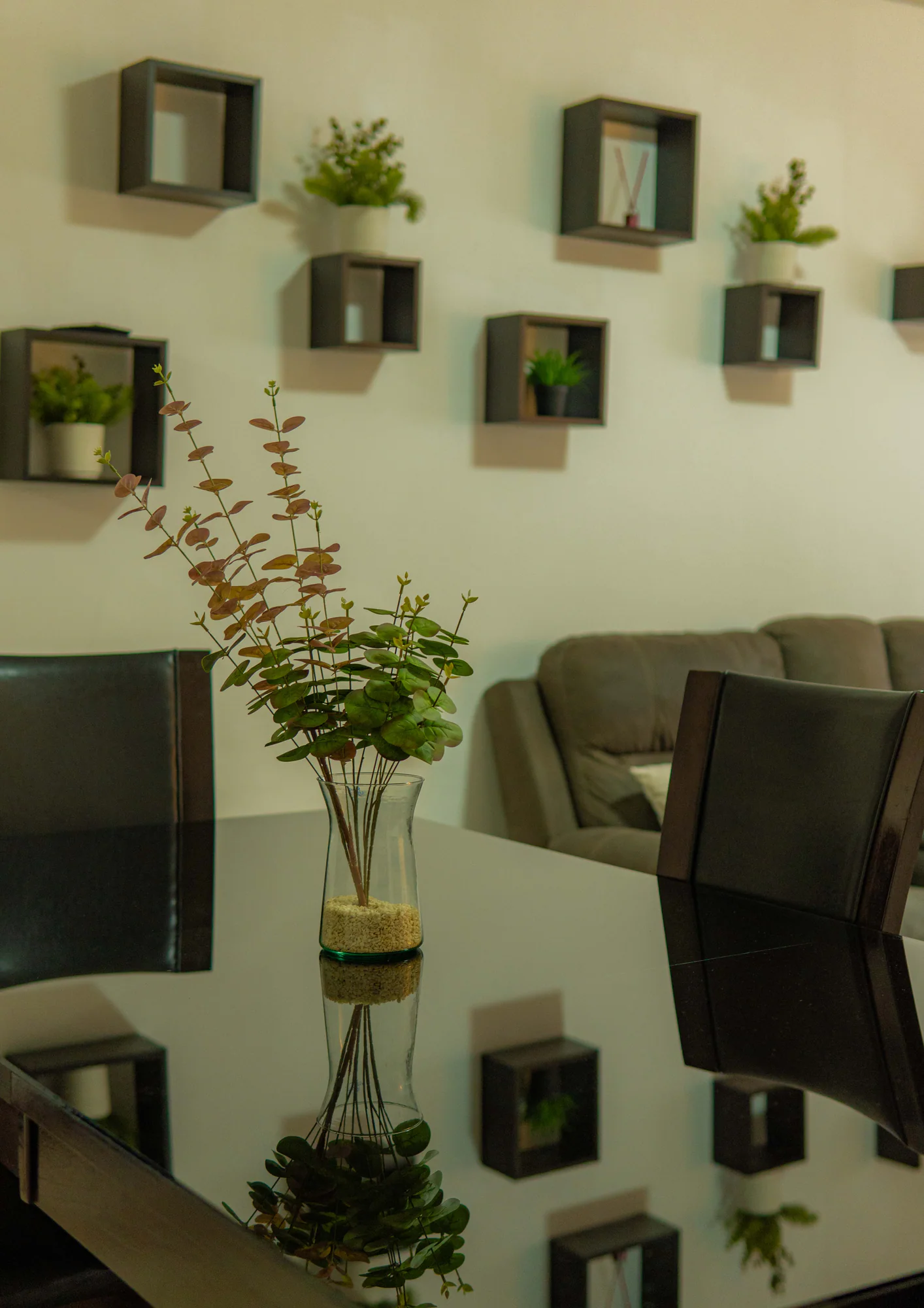 Comedor de Los Olivos con mesa de cristal y repisas con plantas
