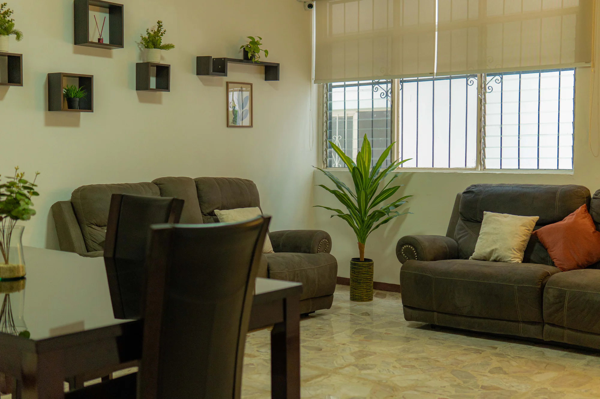 Sala y comedor de Los Olivos con sillones, mesa y plantas
